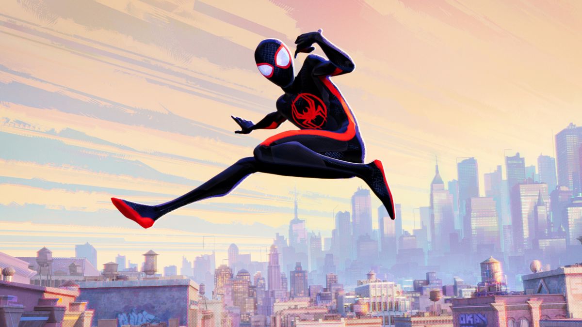 Miles Morales poses as he flips through the air in Spider-Man: Across the Spider-Verse, one of 2023