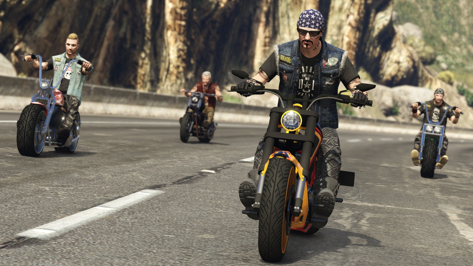 a group of bikers riding down a street in GTA Online