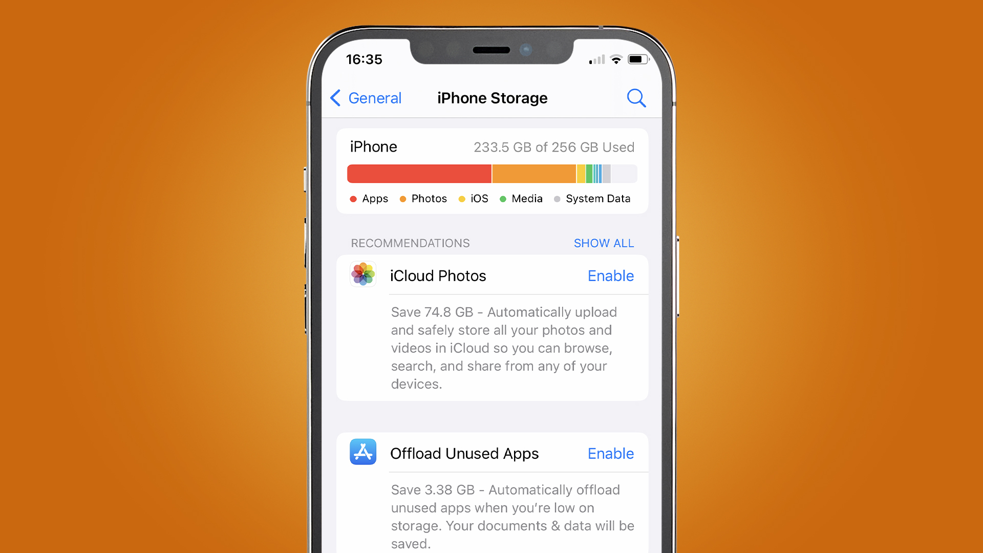 An iPhone on an orange background showing the Offload Unused Apps feature