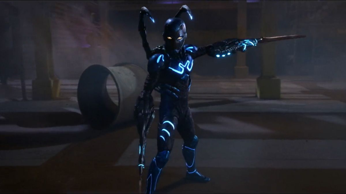 A screenshot of Blue Beetle in the first trailer for his DC movie