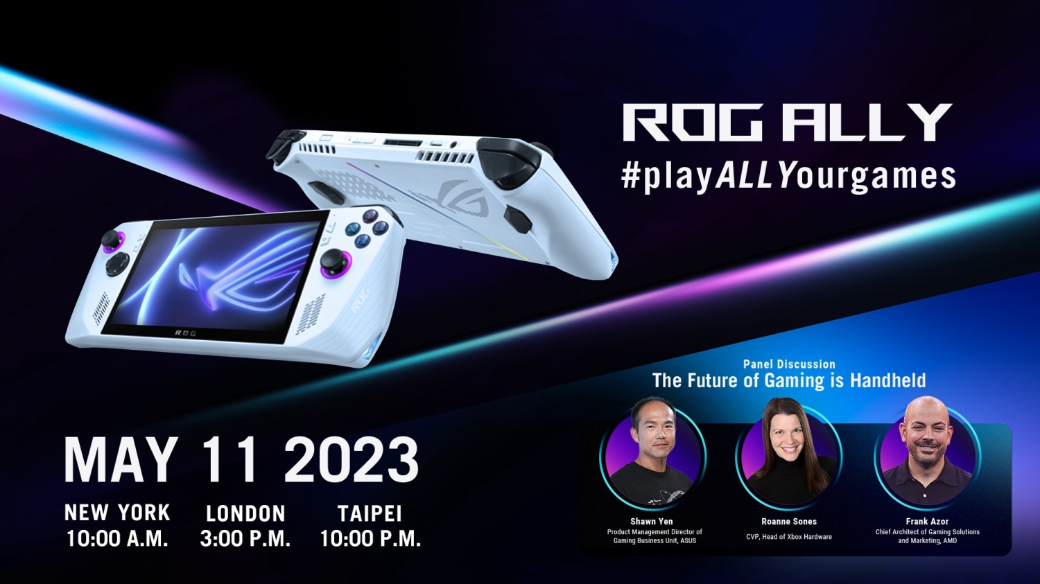 Promotional image advertising the May 11 2023 reveal event for the Asus ROG Ally.