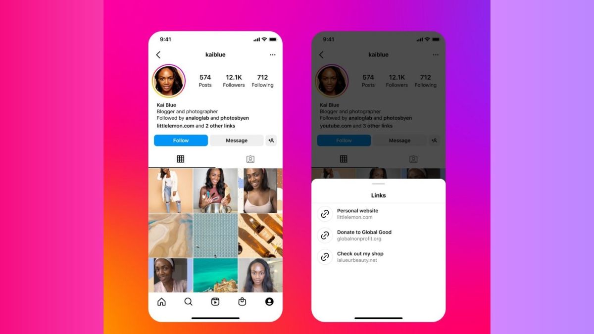 Two images of an Instagram profile showcasing the new link in bio feature Instagram has rolled out