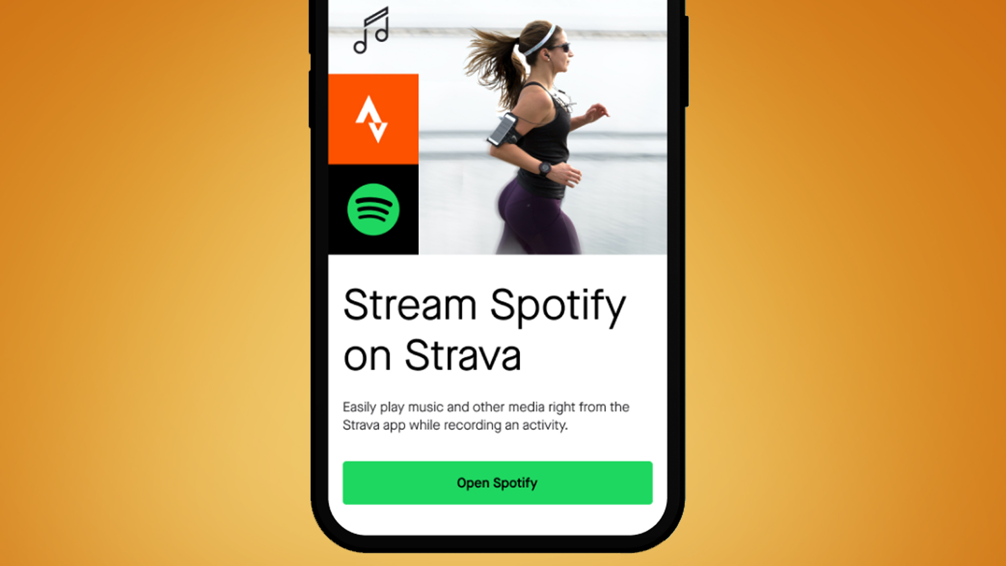 A phone screen on an orange background showing Strava and Spotify integration