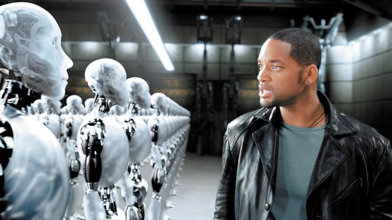 Will Smith stands looking at a line of robots in I, Robot, one of the new Prime Video movies
