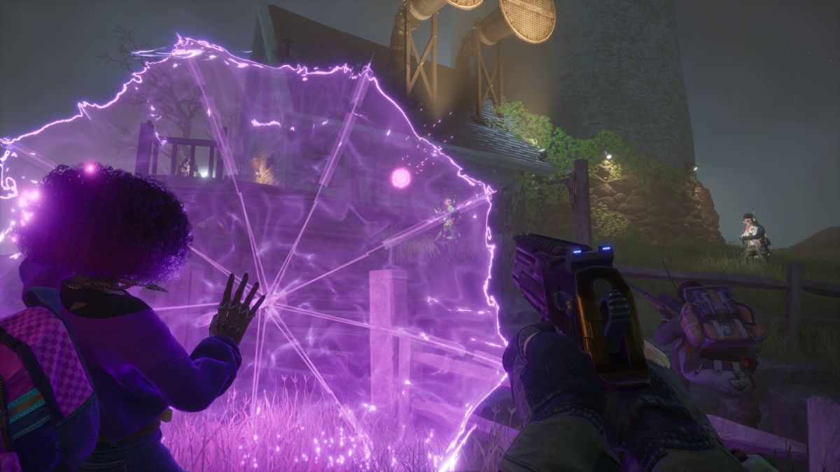A player in Redfall expands a purple umbrella shield made of energy