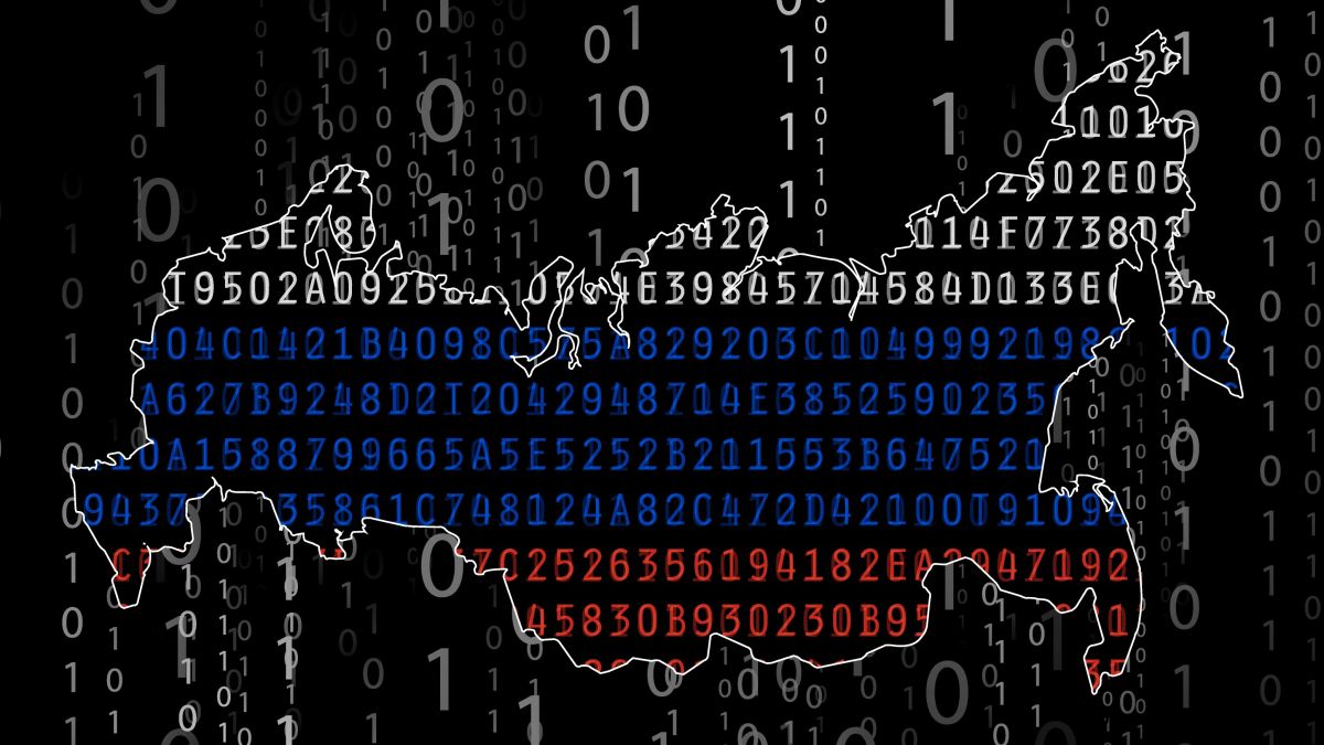 Shape of Russia filled with Russian flag-colored code on a black hacking background