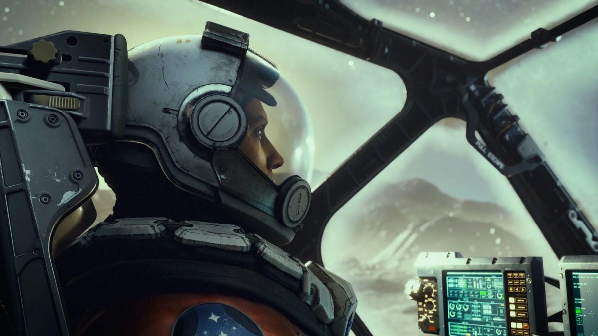 A character sits in the cockpit of a spacecraft in Starfield