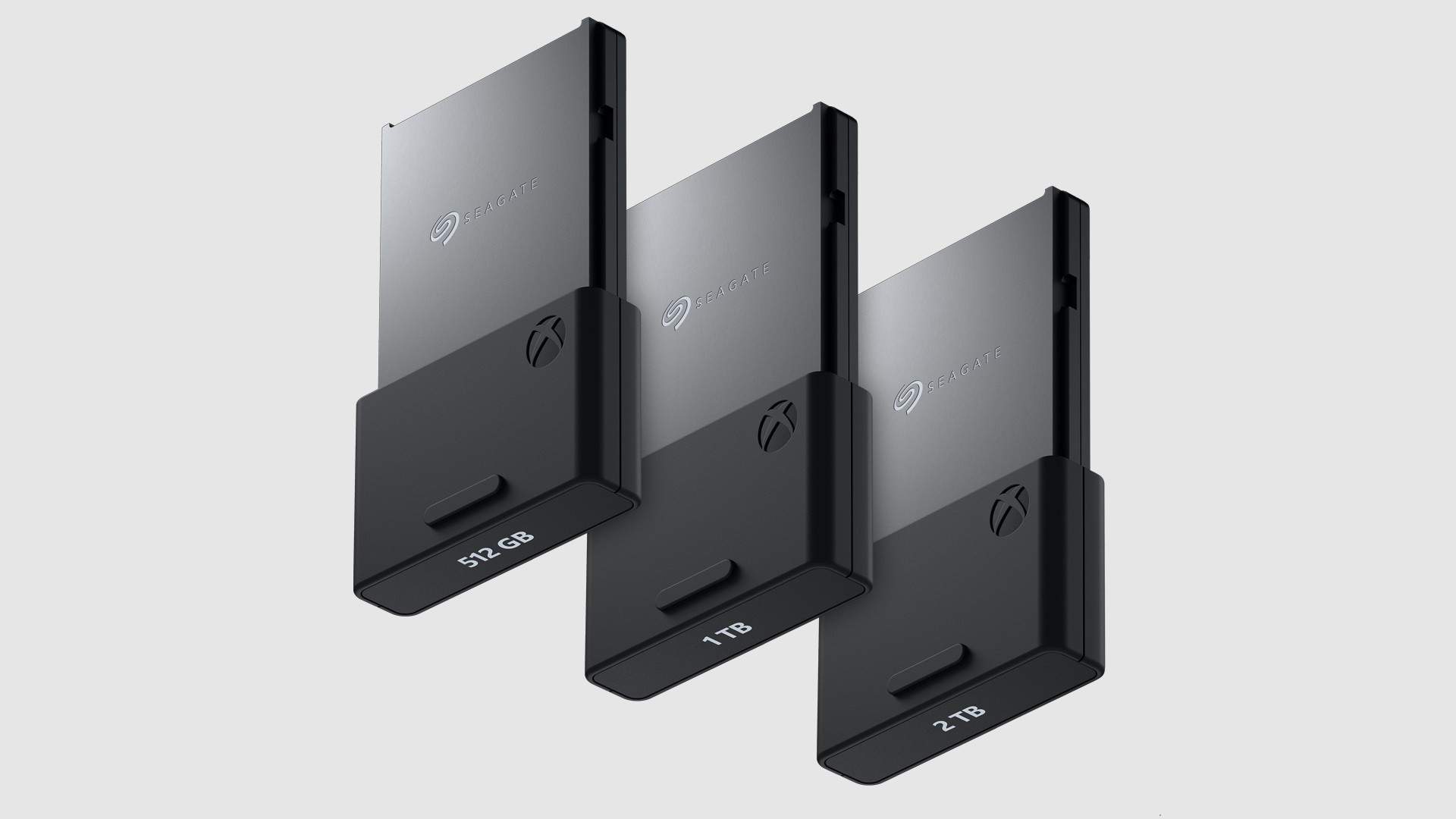 Seagate storage expansion card - 512GB, 1TB, and 2TB models displayed in order of size