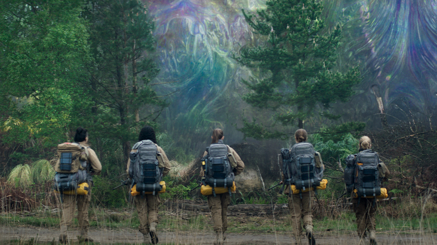 A still from the movie Annihilation in which a group of female scientists walk towards a shimmering forest.