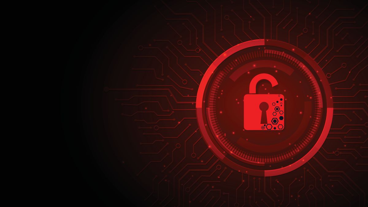 Red padlock open on electric circuits network dark red background