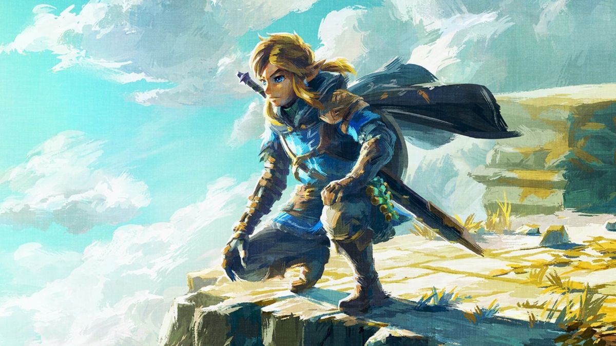 The Legend of Zelda: Tears of the Kingdom key art showing Link standing on the edge of the cliff