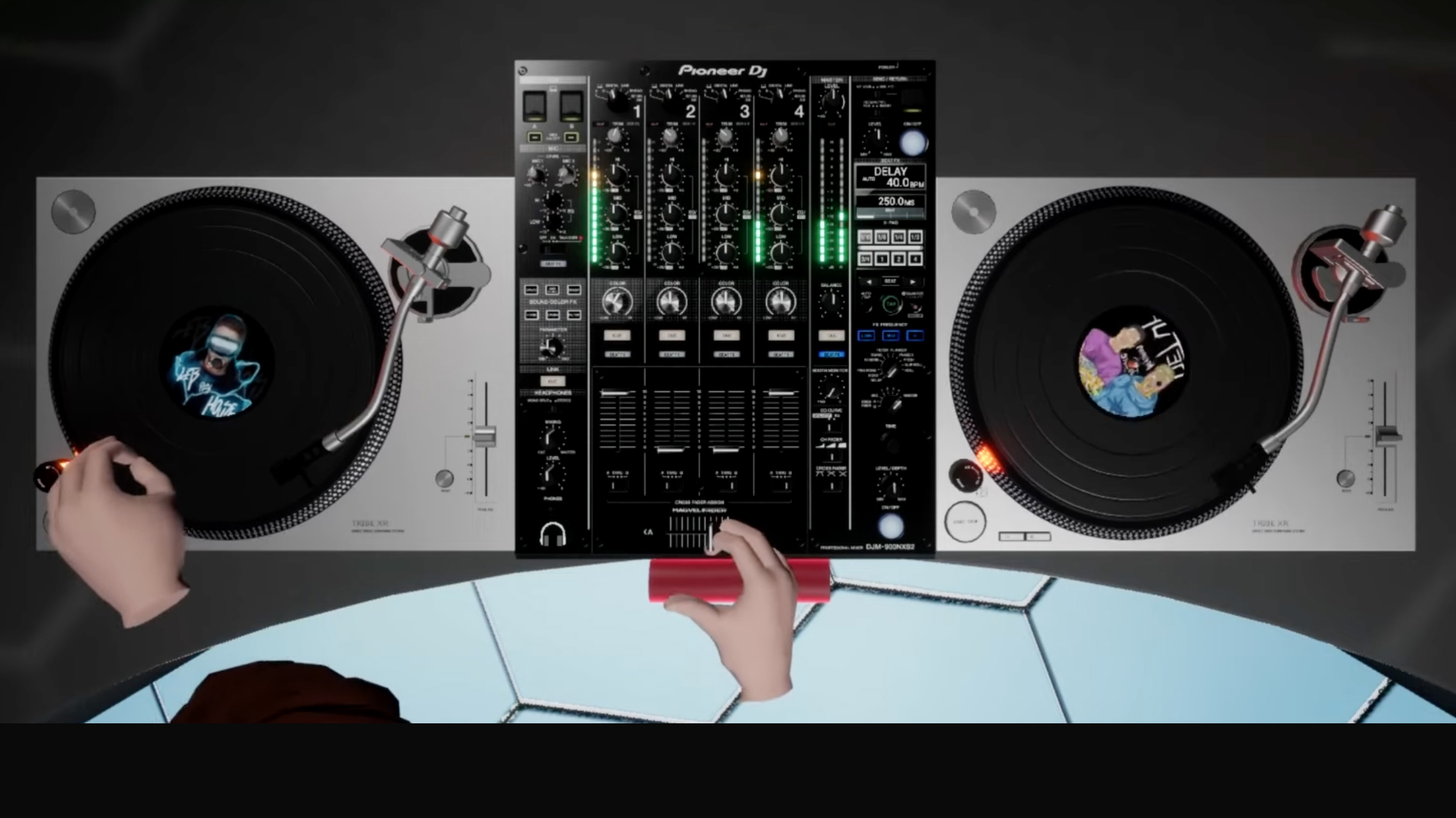 A DJ in front of virtual decks in the Tribe XR app