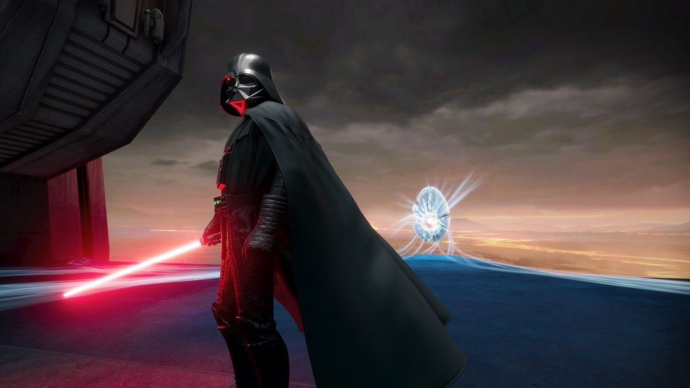 Darth Vader stands before you, his red lightsaber is out