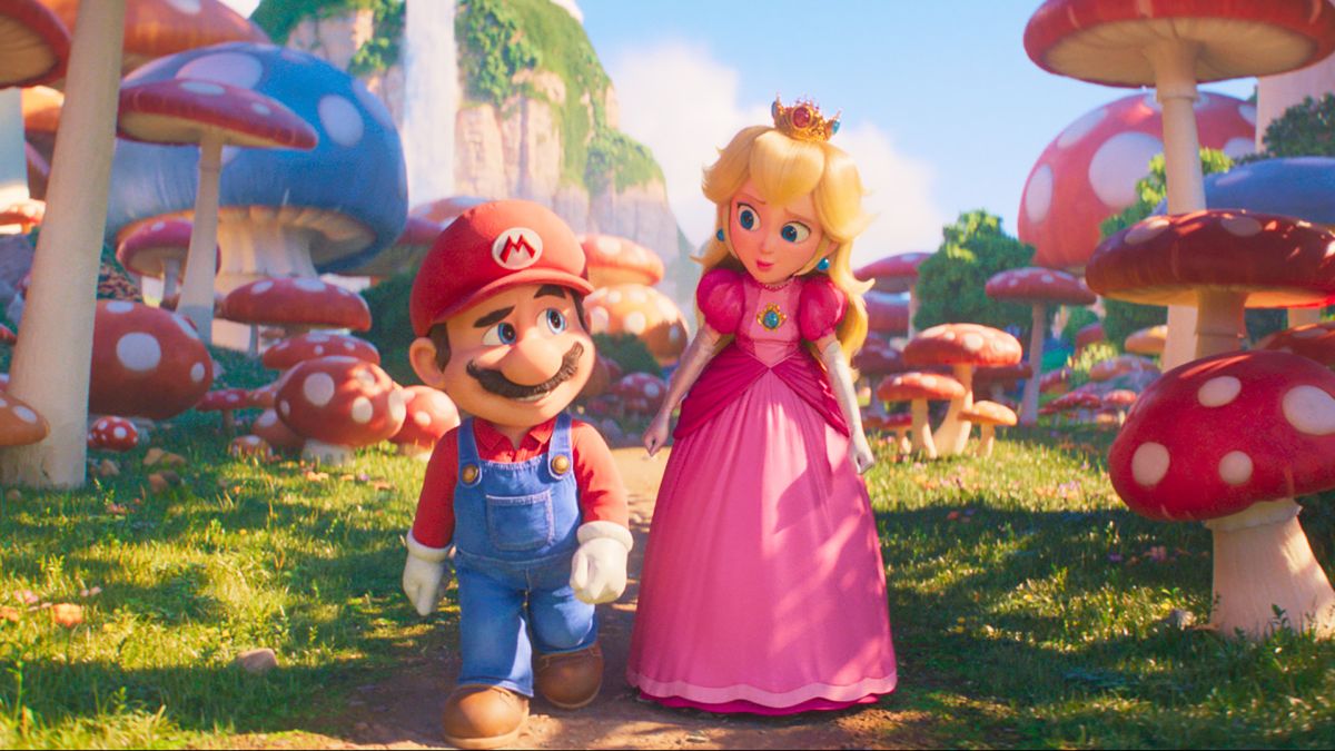 Mario and Peach talk as they walk in The Super Mario Bros. Movie