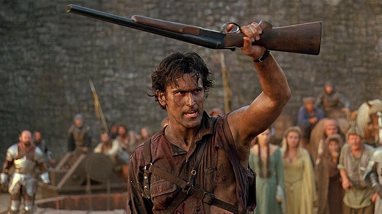 Army of Darkness still showing Bruce Campbell addressing a crowd