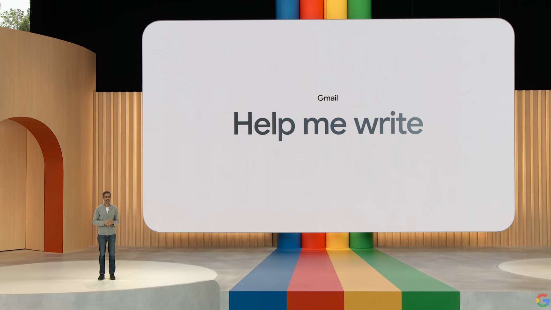 Google Help Me Write slide, onstage at Google I/O