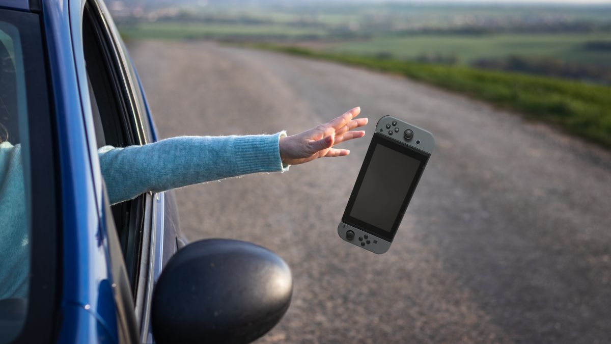 A person throwing a Nintendo Switch out of a car window.