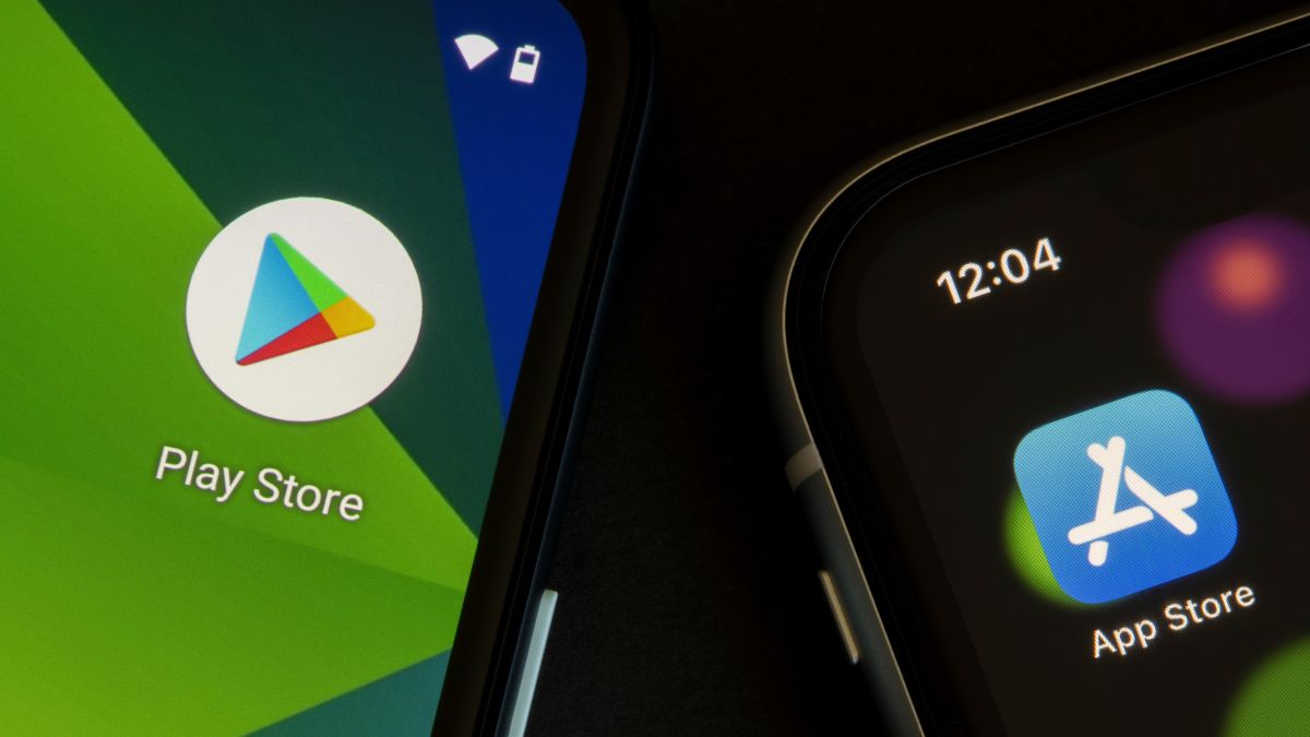 Google Play Store and Apple App Store icons are seen respectively on a Google Pixel smartphone and an iPhone