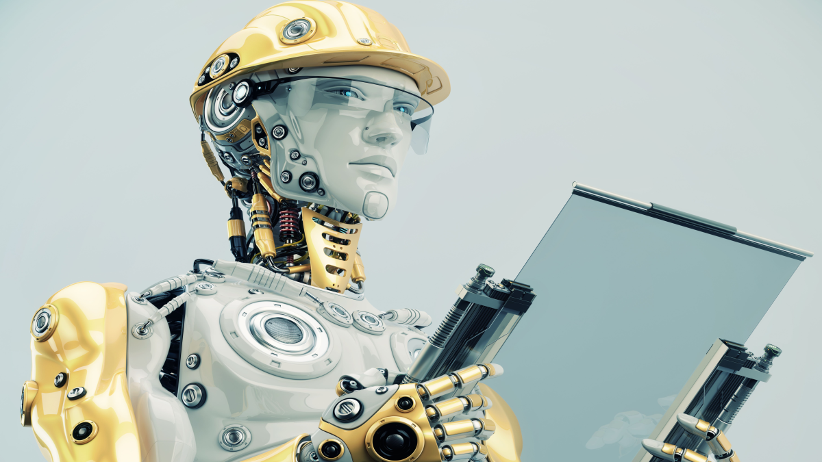 Futuristic Engineer in yellow hardhat holding tablet/ Engineer