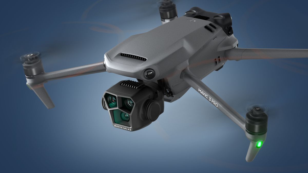 The DJI Mavic 3 Pro drone on a blue background