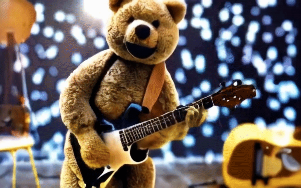 A teddy bear playing the electric guitar