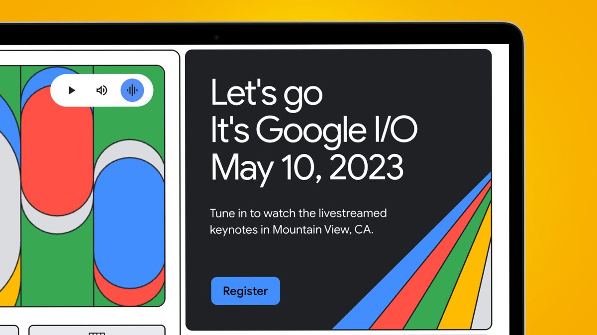 A laptop screen showing the homepage for the Google IO 2023 event