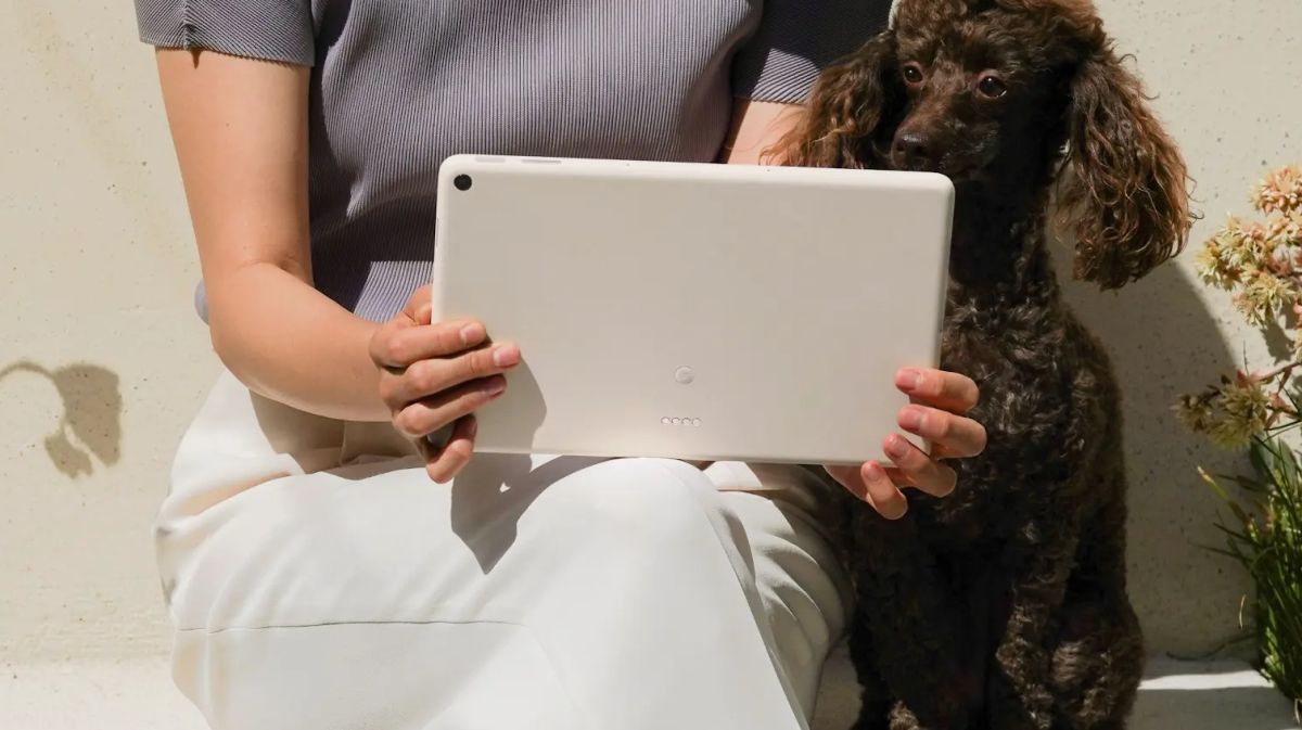 A picture of the Pixel Tablet from the back, in someone