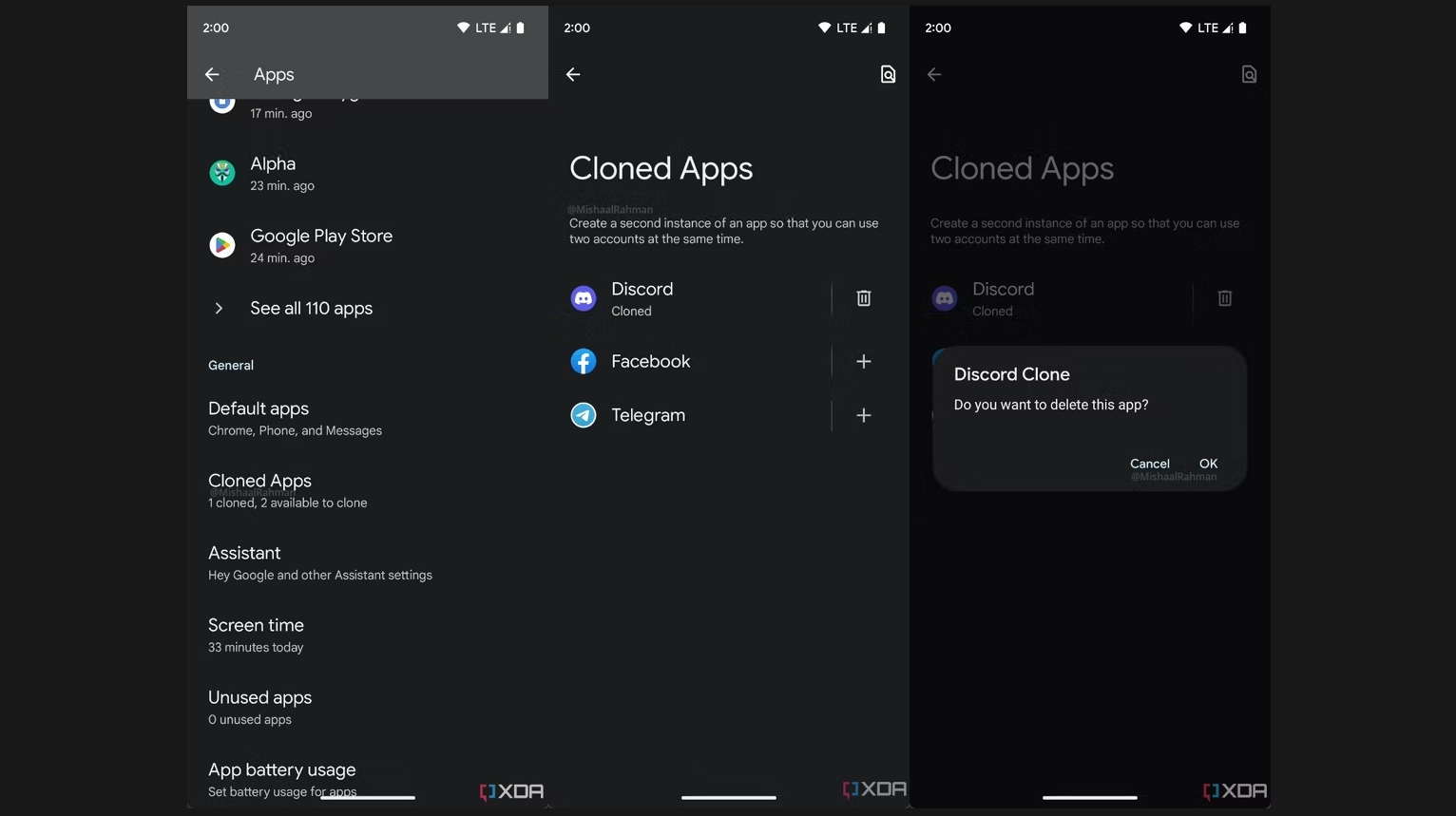Screenshots showing the cloned apps feature on Android 14