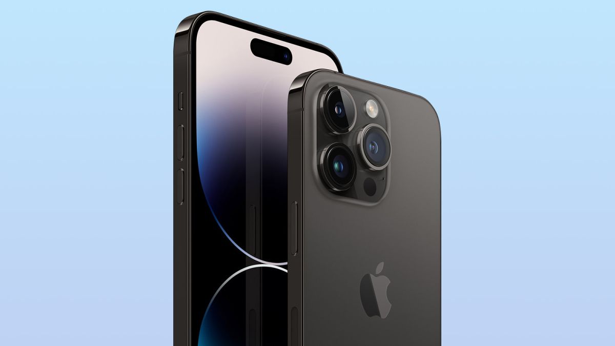 The iPhone 14 Pro Max (front) and iPhone 14 Pro (back) in black on a blue background