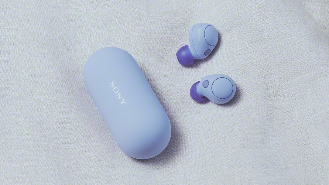 Sony WF-C700N earbuds in lavender on fabric