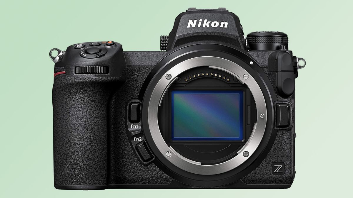 Nikon Z8 mock up product shot straight on from the front with full-frame sensor exposed