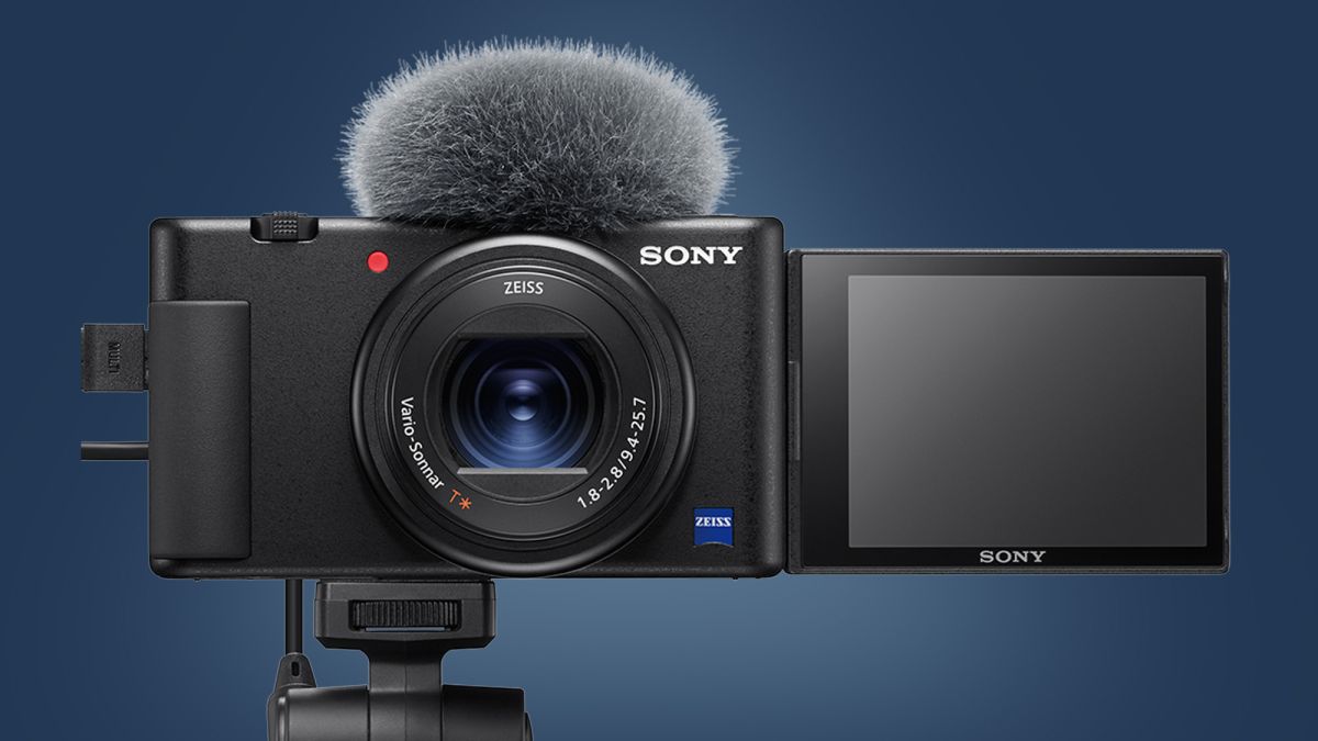 The Sony ZV-1 camera on a blue background