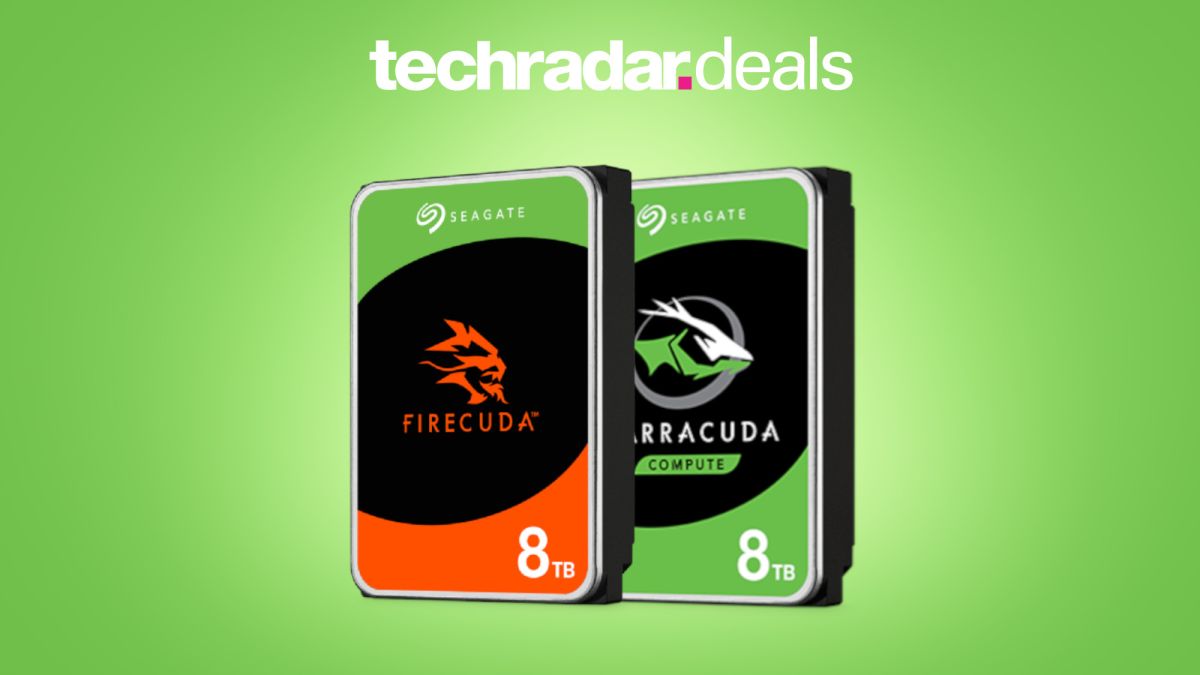 Seagate Barracude and Firecuda on green background with TechRadar deals text overlay
