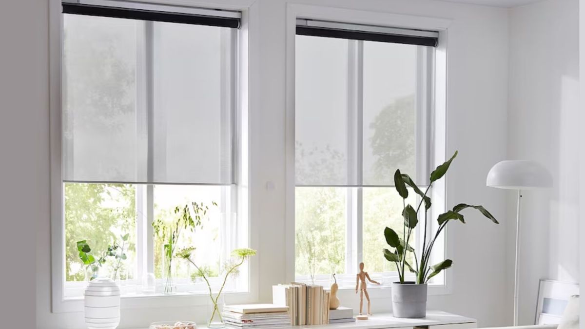 A living room with plants, books, and the IKEA smart blinds