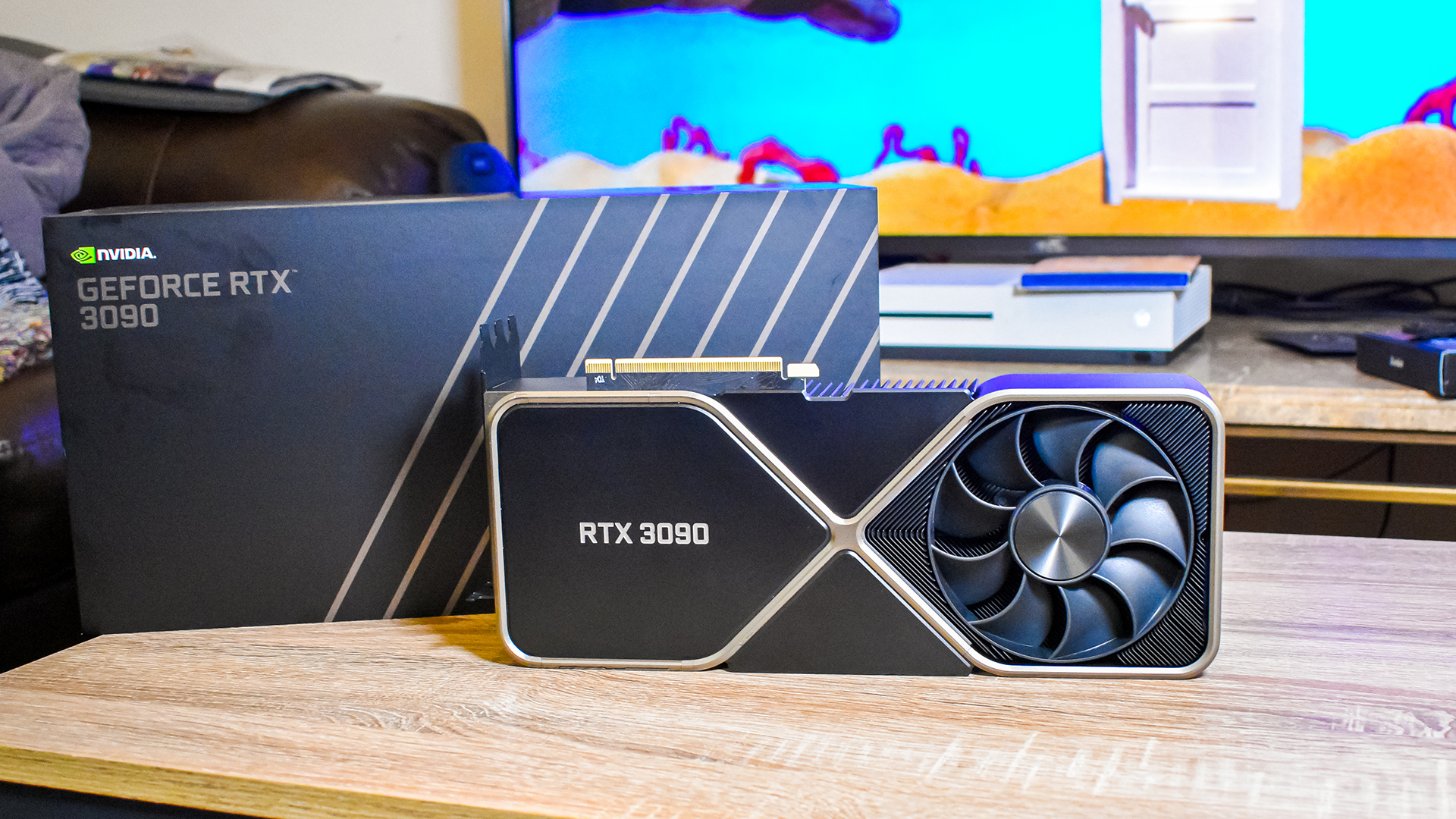 An Nvidia GeForce RTX 3090 on a coffee table