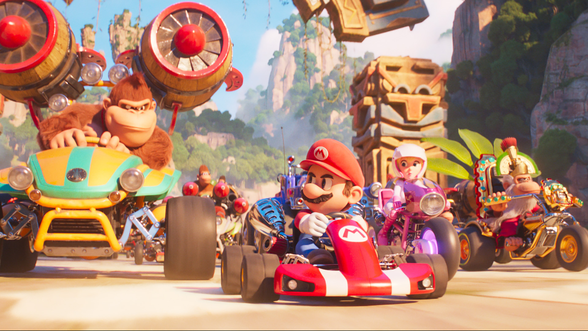 Mario, Peach, Donkey Kong, Toad, and Kranky Kong ride their karts in The Super Mario Bros. Movie
