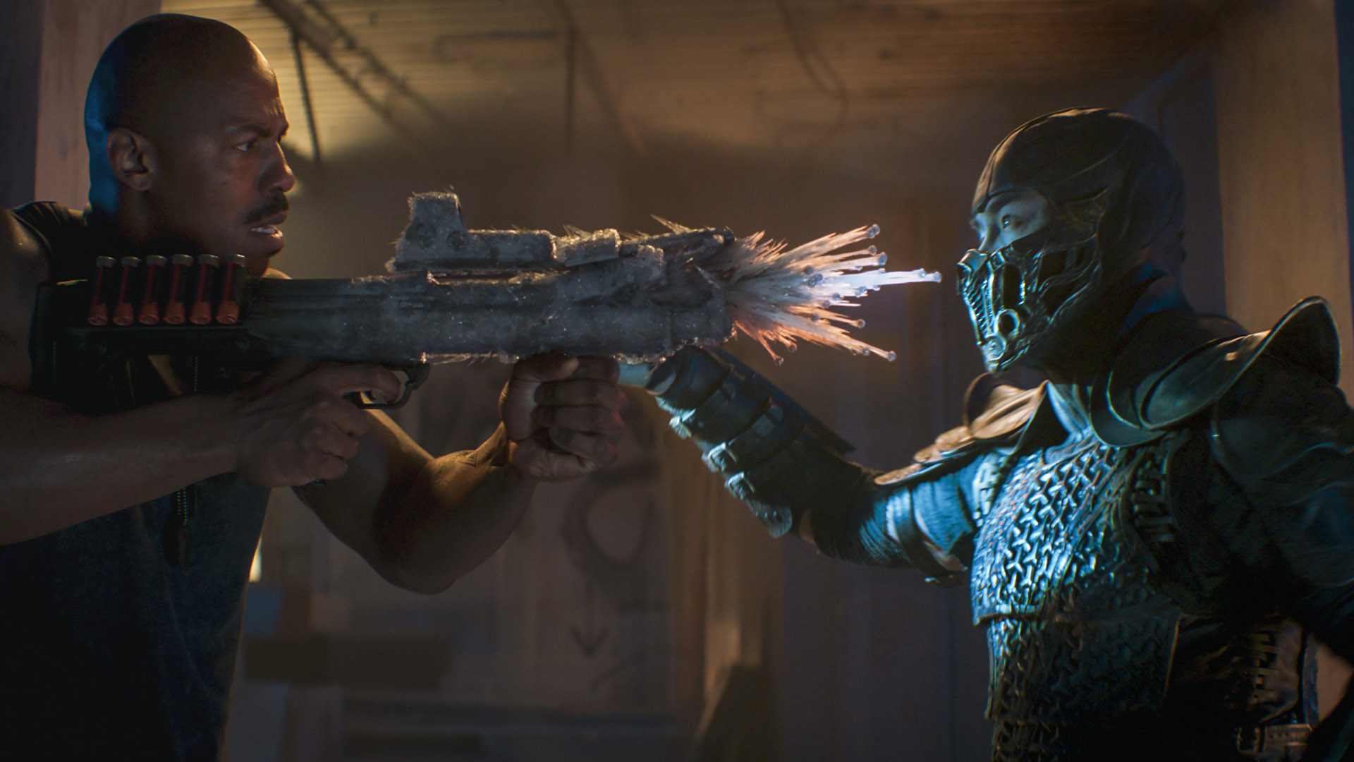 Sub-Zero freezes Jax's gun in 2021's Mortal Kombat movie