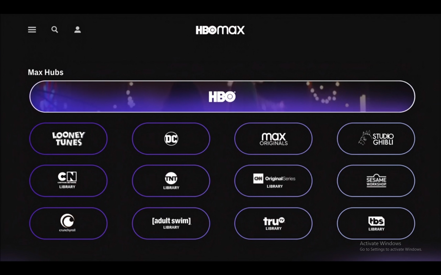 A screenshot of the different channels owned by HBO