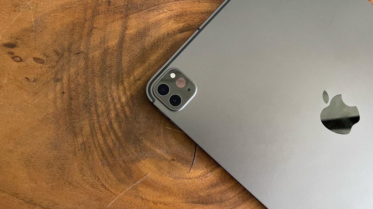 A close-up of the camera block on an Apple iPad Pro 11 (2021)