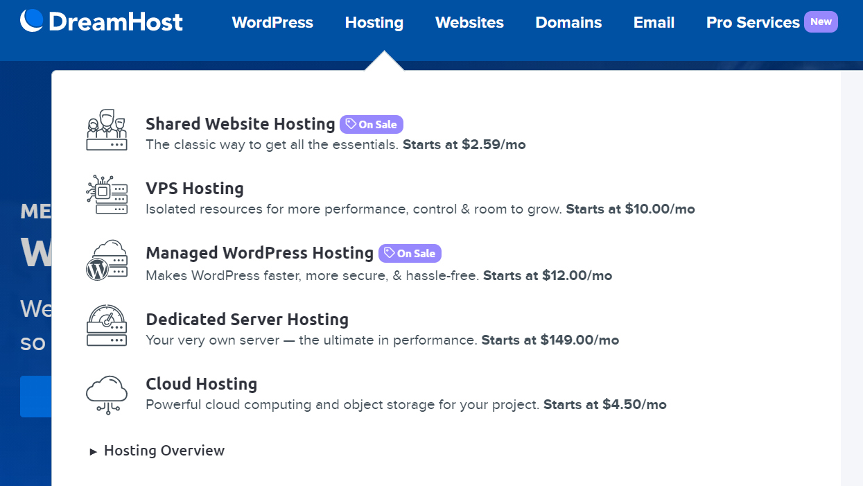 DreamHost hosting types