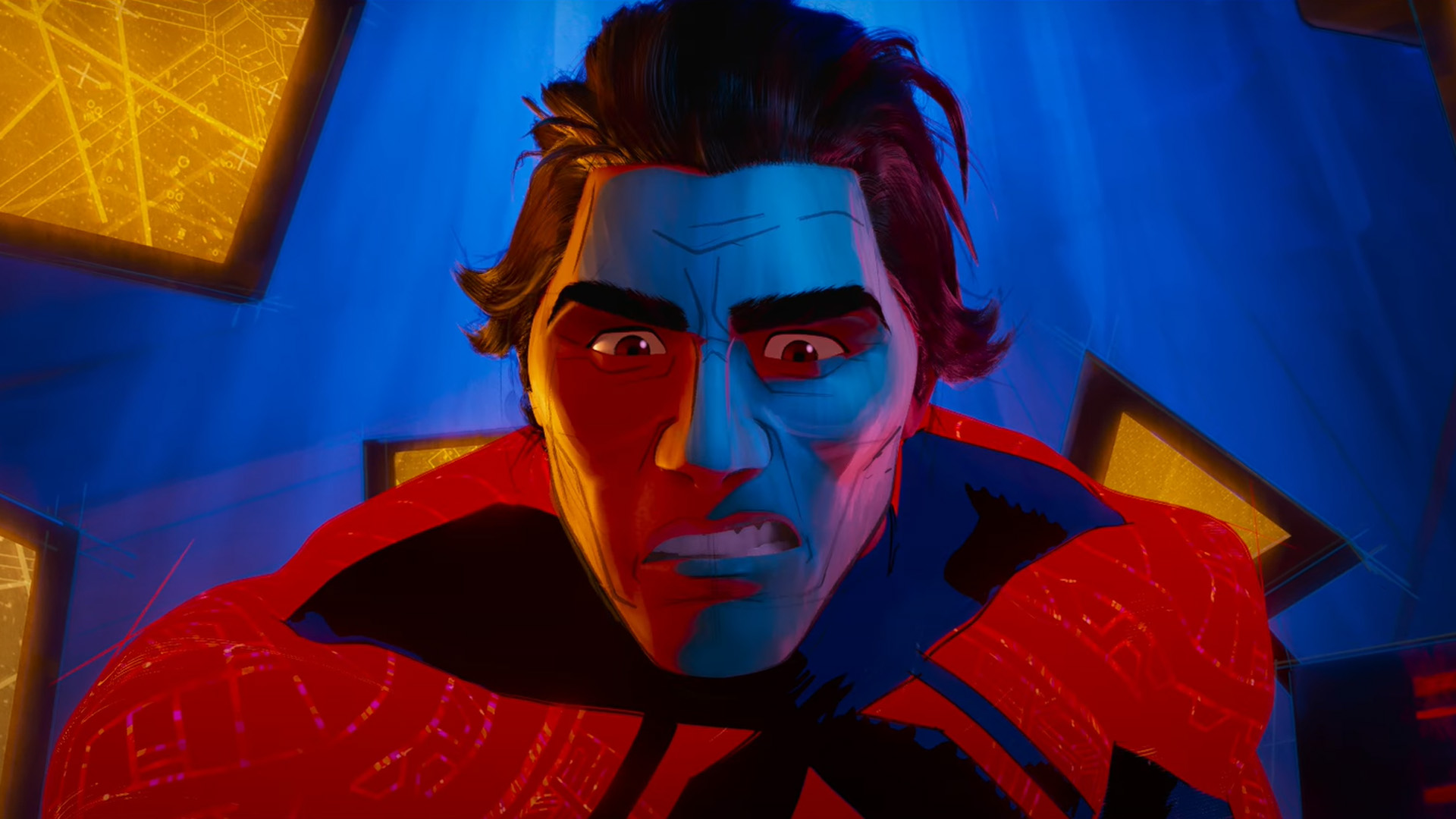 Miguel O'Hara looks at someone off camera in Spider-Man: Across the Spider-Verse