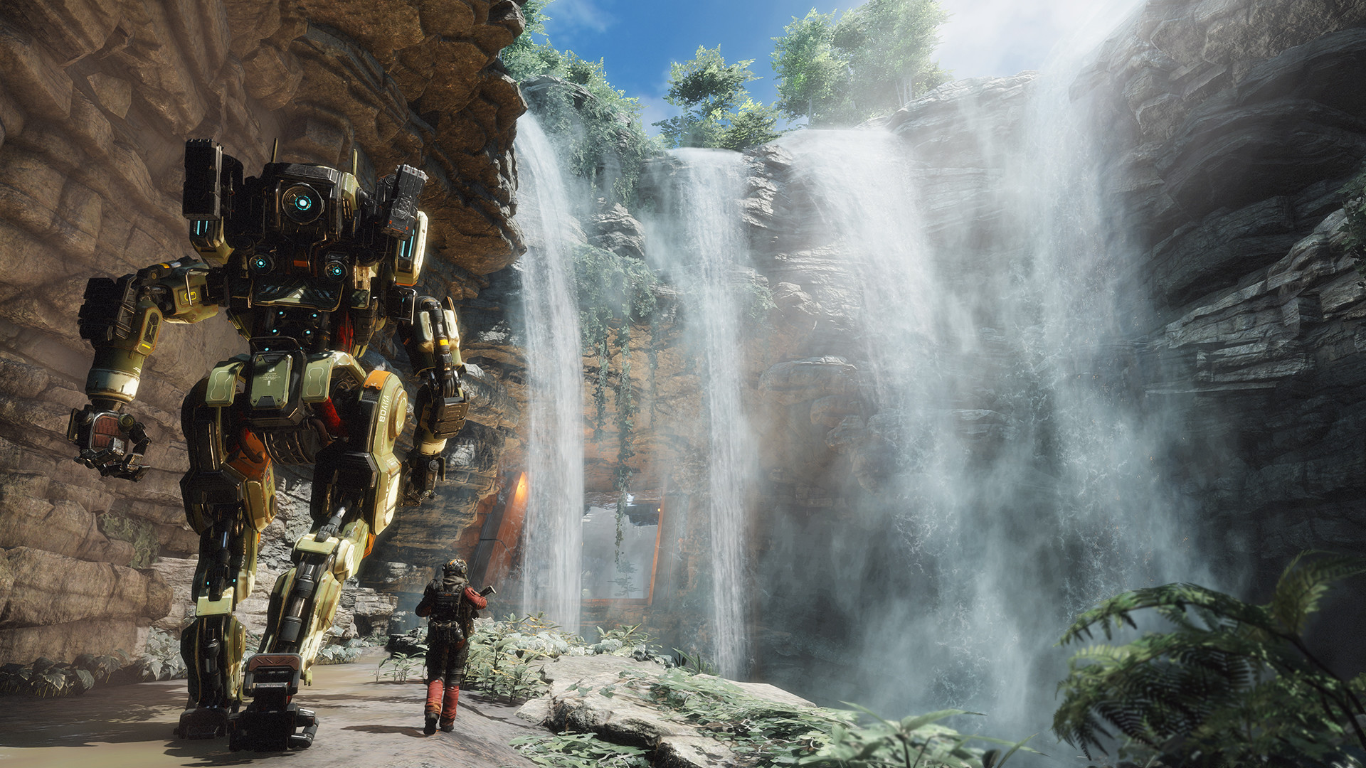 player next to waterfall