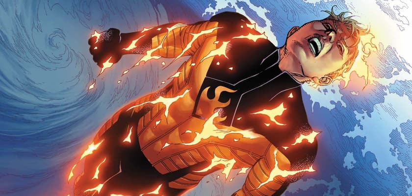 A screenshot of the Human Torch flying over Earth in a Marvel comic panel
