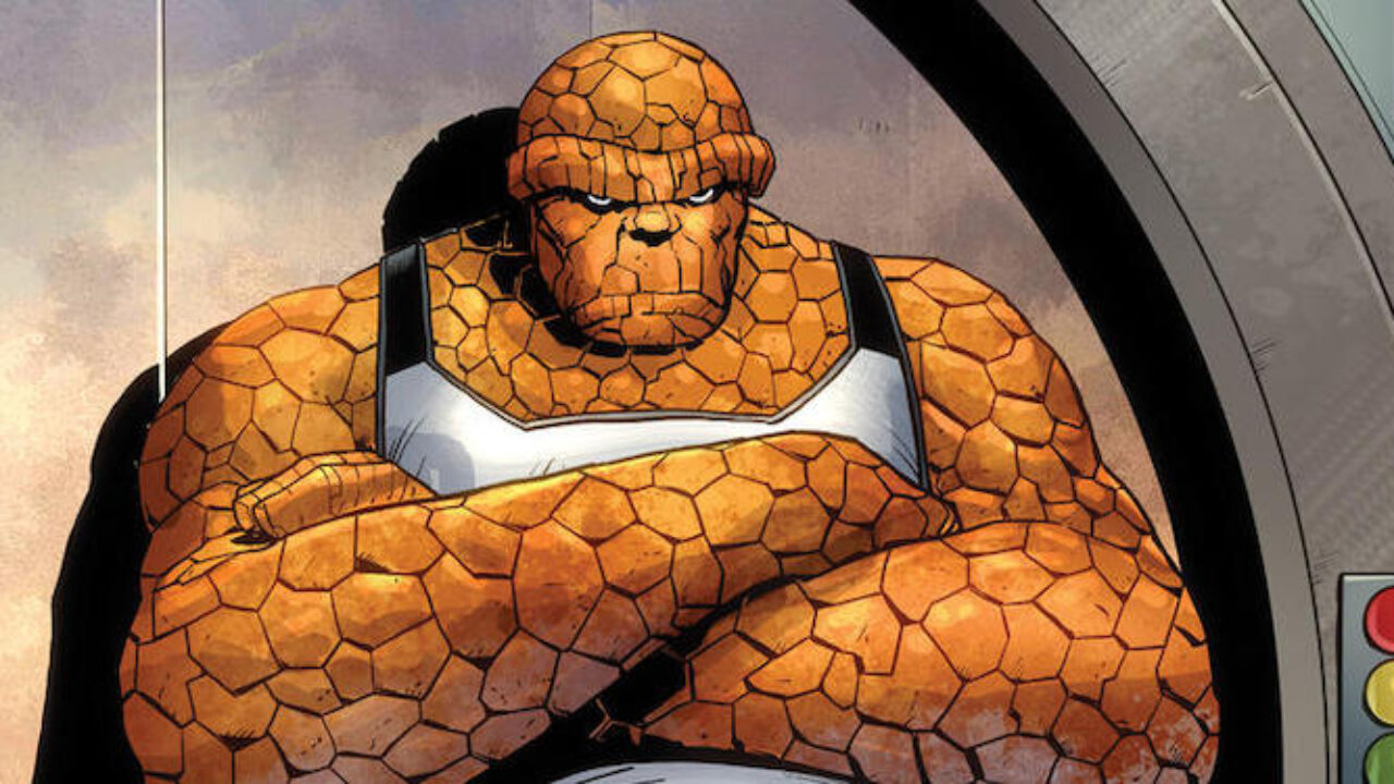 The Thing crosses his arms and stands against a wall in a Fantastic Four comic book panel