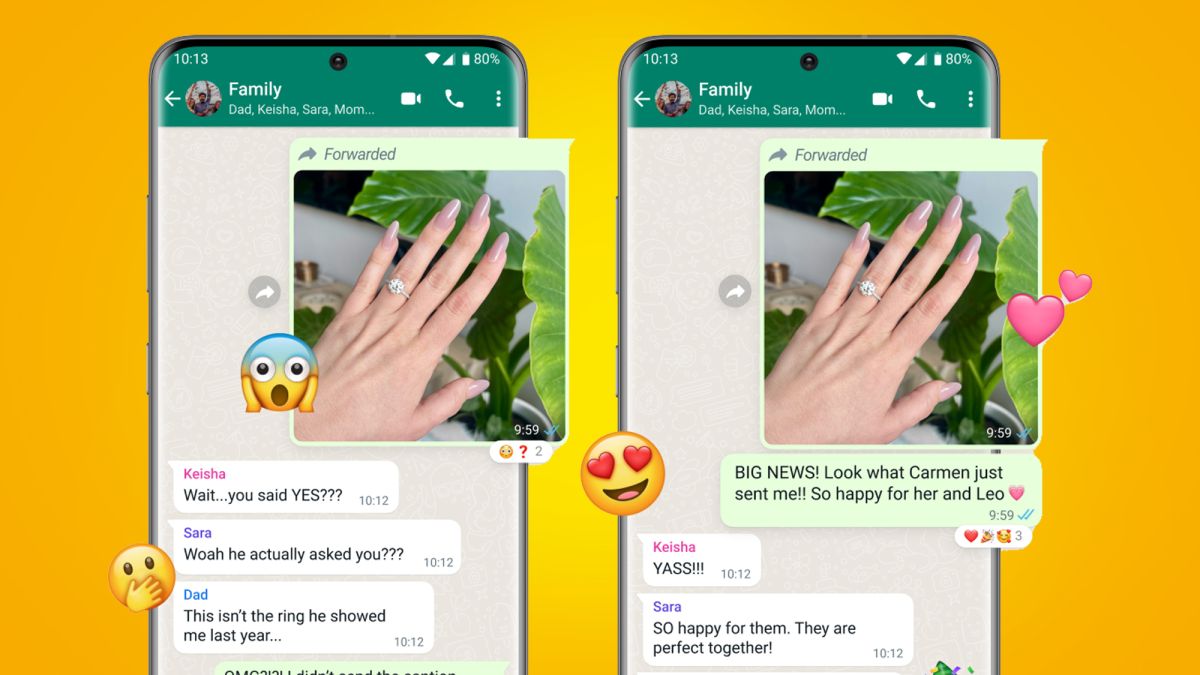 Two phones showing new features on WhatsApp